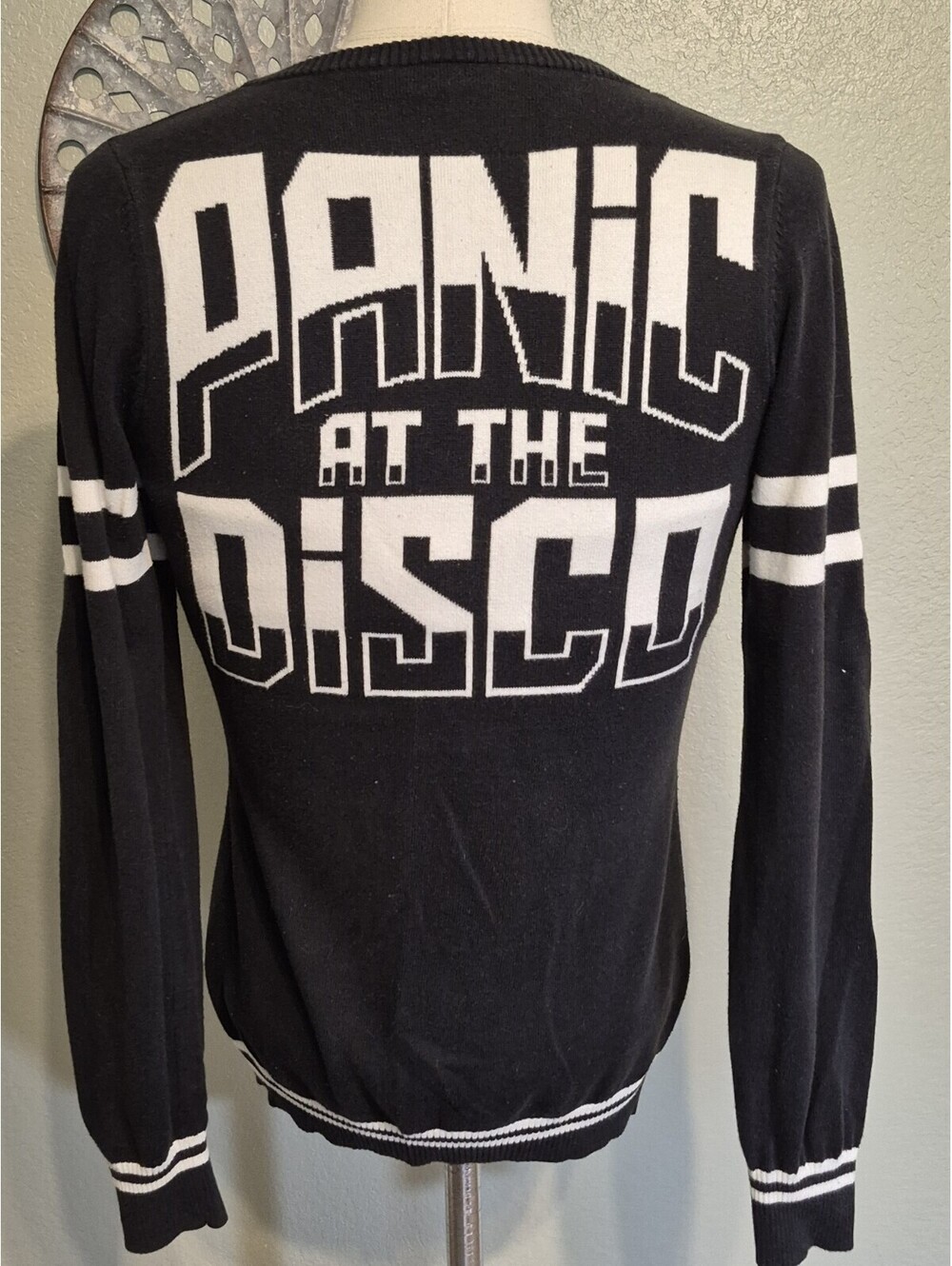 Panic! At The Disco Womens L Black White Sweater Fleece Varsity Button Cardigan